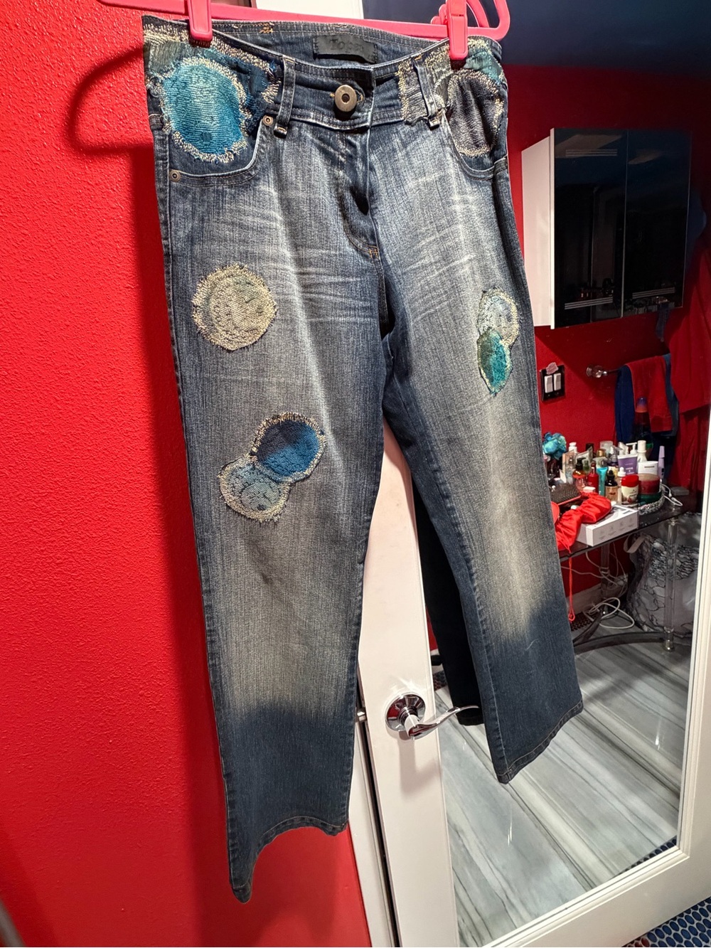Blue Patchwork Women's Jeans with Distressed Details